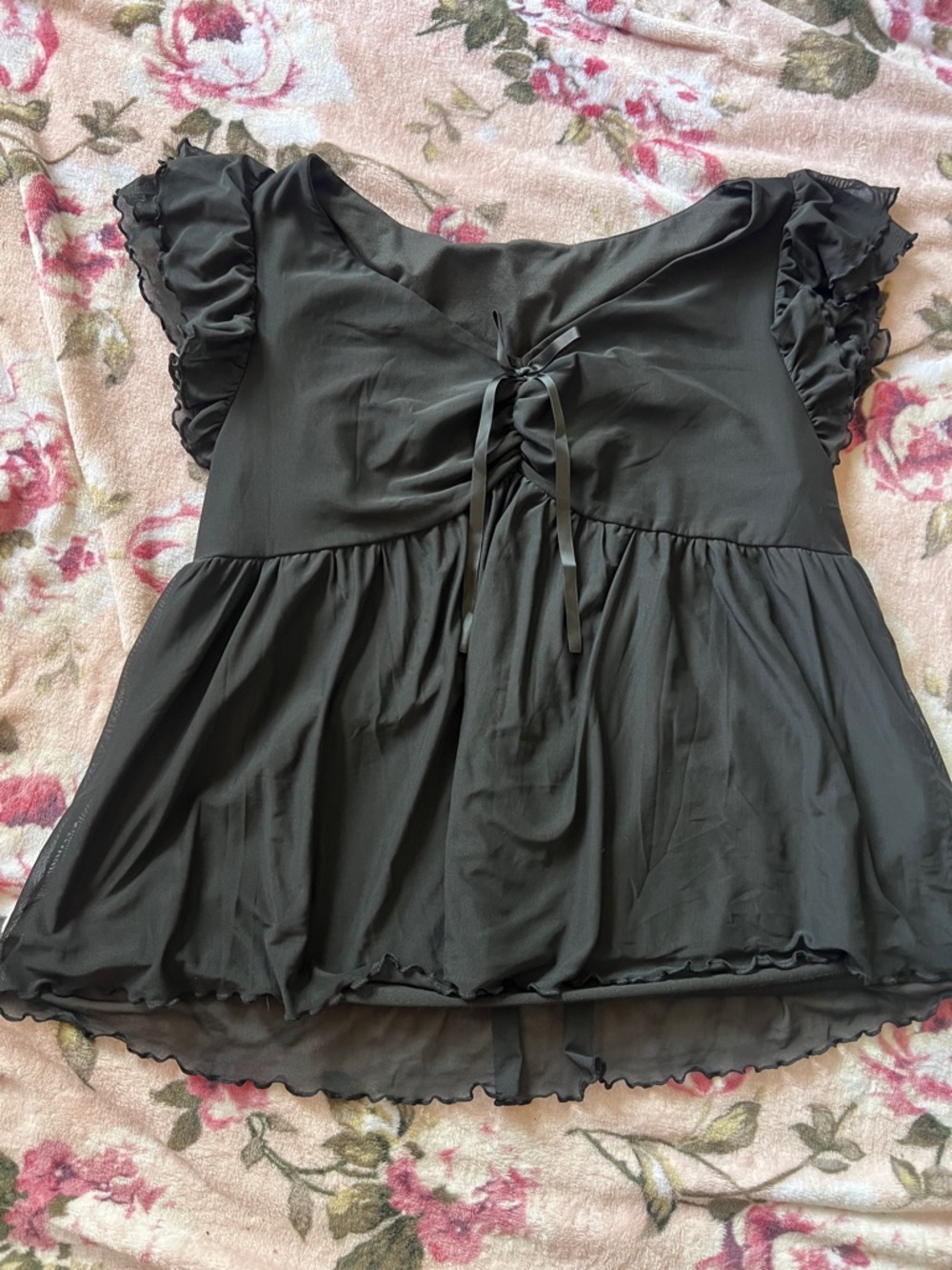 SHEIN Black Ruffle Sleeve Tie-Front Babydoll Top